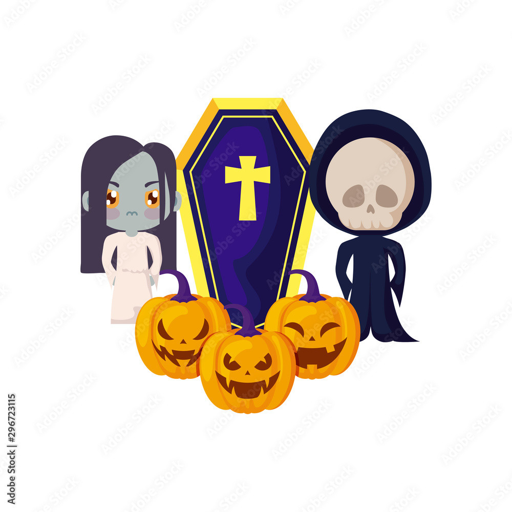 Poster scene of children disguised with icons halloween