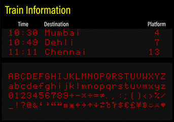 LED electronics digital font, letters, numbers and symbols vector illustration for airport panel, train information and sport scoreboard - red font