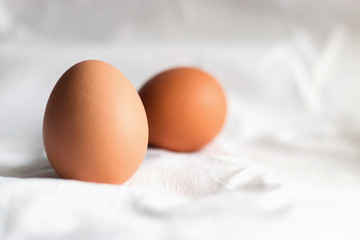 Brown chicken eggs on a light background of cotton fabric, Studio photo, light from the window, selective focus