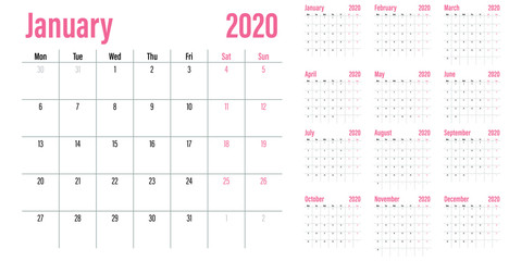Calendar planner 2020 template vector illustration all 12 months week starts on Monday and indicate weekends on Saturday and Sunday