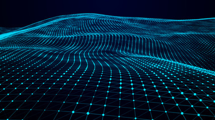 Technology wave of particles landscape beautiful wave shaped array of glowing dots abstract background with a lines dynamic wave big data. 3D rendering. 4k.