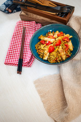 Vegetable rice with chicken meat preparation
