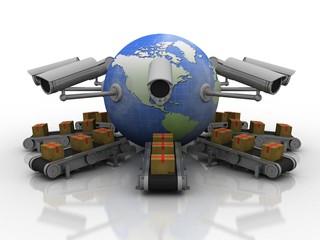 3d rendering Surveillance CCTV Security Camera connected globe      