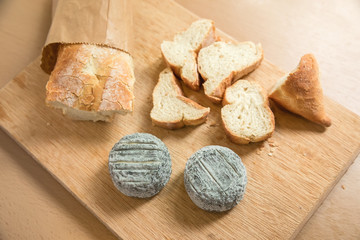 Baguette bread and blue cheese. Close up