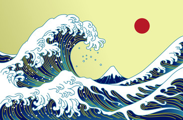 Big Asian ocean wave, red sun and the mountain illustration. Golden color tones. Ocean of Kanagawa.