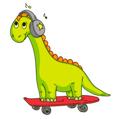 Fototapeta na wymiar Cool dinosaur, dino listening music. Cartoon mascot for children, kids clothing. Fashionable illustration for t-shirt designs