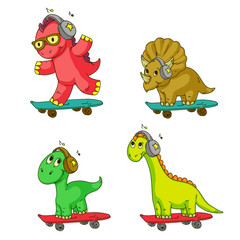 Cool dinosaur, dino listening music. Cartoon mascot for children, kids clothing. Fashionable illustration for t-shirt designs
