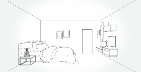 Linear sketch of an interior. Living room plan. Sketch Line sofa set. Vector illustration.outline sketch drawing perspective of a interior space.