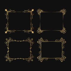 Set of hand drawn golden vintage ornate borders. Gold elegant wedding frames. Vector isolated flourish invitation card.