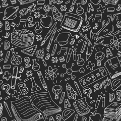 Seamless pattern. School, college, university, kindergarten pattern with vector elements and icons. Creativity and imagination.