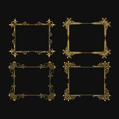 Hand drawn golden vignette ornate frames set. Gold elegant wedding borders. Vector isolated vintage invitation card.