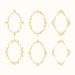 Set of hand drawn golden vintage oval frames. Elegant ornate fancy round borders for wedding. Vector isolated filigree invitation card.