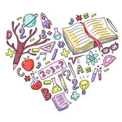 School, college, university, kindergarten pattern with vector elements and icons. Creativity and imagination.