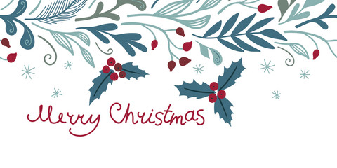 Merry Christmas horizontal card with winter flora and lettering. Vector template for greeting, holiday banner.