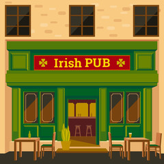 Irish pub exterior vector illustration. Flat design of facade. Beer house  building concept.