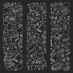 English school for children. Learn language. Education vector illustration. Kids drawing doodle style image.