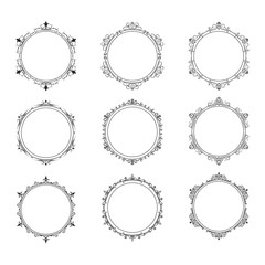 Hand drawn vintage round frames set. Elegant ornate wedding oval borders. Vector isolated filigree invitation card.