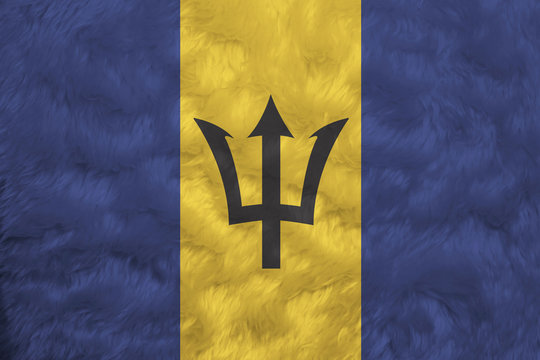 Towel fabric pattern flag of Barbados, triband of ultramarine (hoist-side and fly-side) and gold with the black trident-head centred on the gold band.