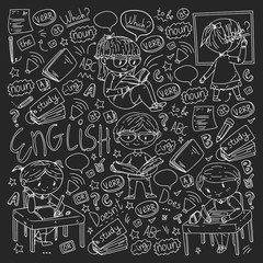 English school for children. Learn language. Education vector illustration. Kids drawing doodle style image.