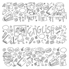 English school for children. Learn language. Education vector illustration. Kids drawing doodle style image.