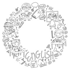 English school for children. Learn language. Education vector illustration. Kids drawing doodle style image.