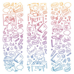English school for children. Learn language. Education vector illustration. Kids drawing doodle style image.