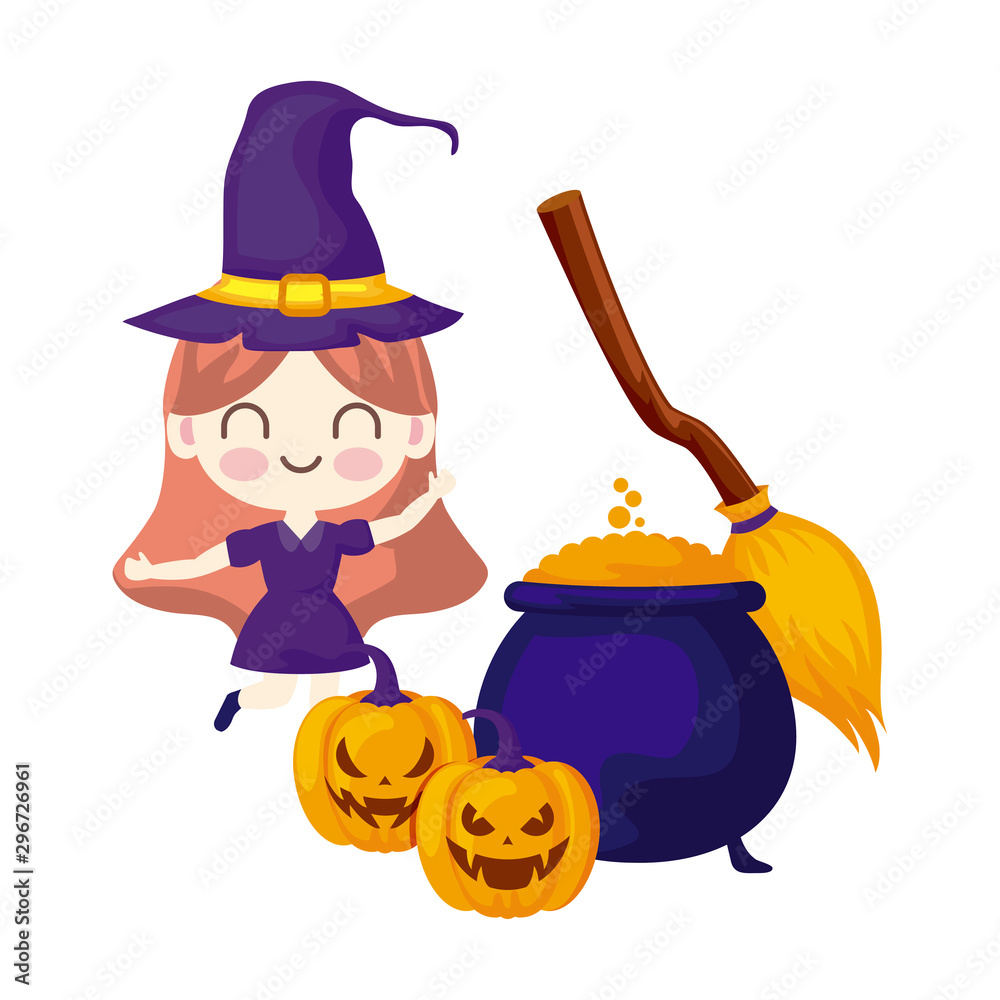 Sticker girl disguised as a witch and pumpkin with treats