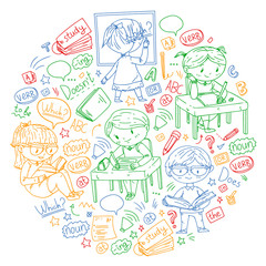 English school for children. Learn language. Education vector illustration. Kids drawing doodle style image.