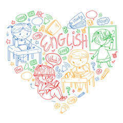 English school for children. Learn language. Education vector illustration. Kids drawing doodle style image.