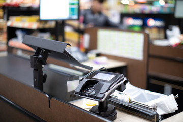 Cashier's desk in supermarket shop