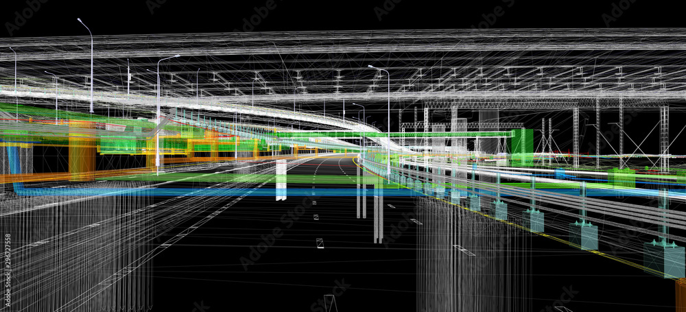 Wall mural the bim model of the object of transport infrastructure of wireframe view