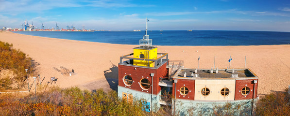 Aerial panorama of the beautiful beach with lifeguards house at Baltic Sea in Gdansk, Poland - obrazy, fototapety, plakaty