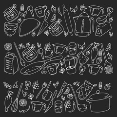 Cooking class. Menu. Kitchenware, utencils. Food and kitchen icons.
