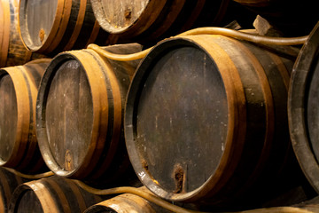 Production of fortified jerez, xeres, sherry wines in old oak barrels in sherry triangle, Jerez la Frontera, El Puerto Santa Maria and Sanlucar Barrameda Andalusia, Spain