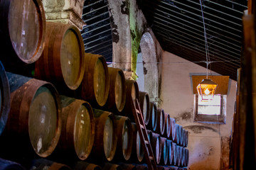 Production of fortified jerez, xeres, sherry wines in old oak barrels in sherry triangle, Jerez la...