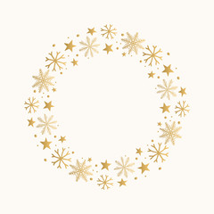 Christmas round frame with snowflakes and stars. Hand drawn golden borders. Vector illustration. Isolated.