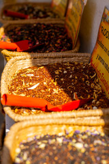 Assortment of herbal aromatic tea blends in tea shop