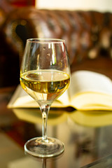 English retro style room with leather chair, open book and glas of white wine
