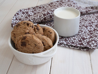 cookies with chocolate chips and a glass of milk