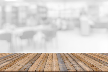 Empty wooden board space platform with library blur background