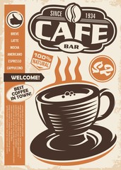 Cafe bar retro ad with coffee cup and menu list on old paper texture. Coffee vintage vector illustration.