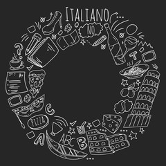 Italian language learning. Vector pattern with icons and national symbols of Italy.