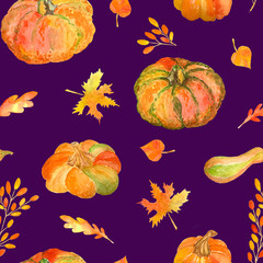 Watercolor seamless pattern with pumpkins and autumn leaves
