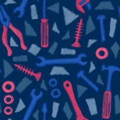 Seamless pattern woodworking tools on a blue background.