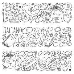 Italian language learning. Vector pattern with icons and national symbols of Italy.