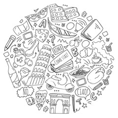 Italian language learning. Vector pattern with icons and national symbols of Italy.