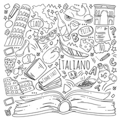 Italian language learning. Vector pattern with icons and national symbols of Italy.