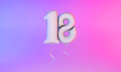 White number 18 celebration balloon greeting background. 3D Rendering
