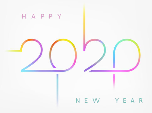 2020 new year greeting card. Vector brochure design template, banner with neon colorful lines design.