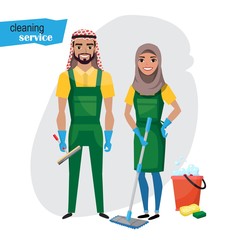 Professional cleaners team. Young arab muslim smiling couple are holding cleaning tools. Vector illustration of cartoon characters